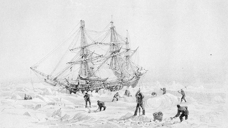 Old photo of explorers and a ship in the winter