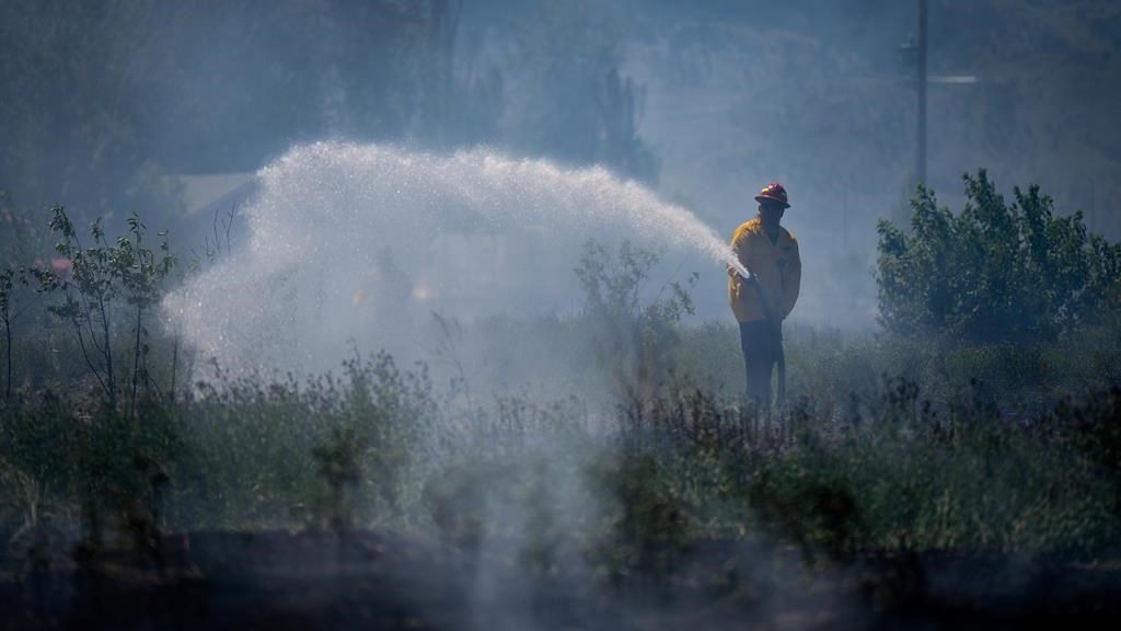 A firefighter directs water on a grass fire on an acreage behind a residential property in Kamloops, B.C., Monday, June 5, 2023. More firefighters from abroad are expected to arrive Wednesday in Canada as the country grapples with its worst wildfire season of the 21st century. THE CANADIAN PRESS/Darryl Dyck