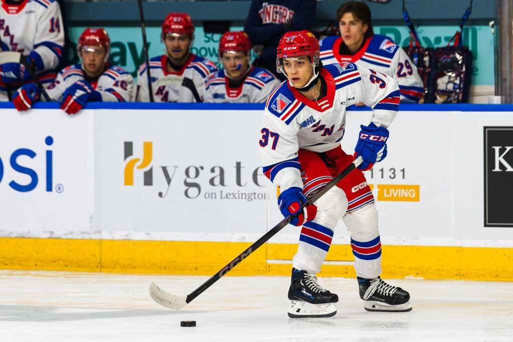 Rangers rookie forward Tanner Lam in a game Oct. 6, 2023 vs. Owen Sound at the Kitchener Memorial Auditorium.