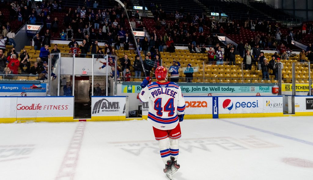 Kitchener Rangers player Antonino Pugliese skates off the ice after an impressive performance on Tuesday.