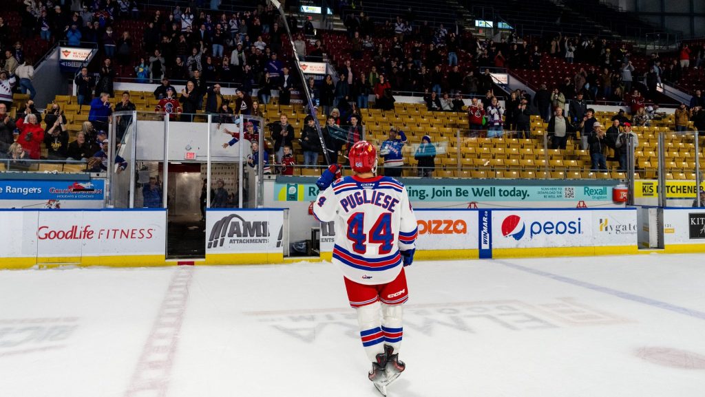 Kitchener Rangers player Antonino Pugliese skates off the ice after an impressive performance on Tuesday.