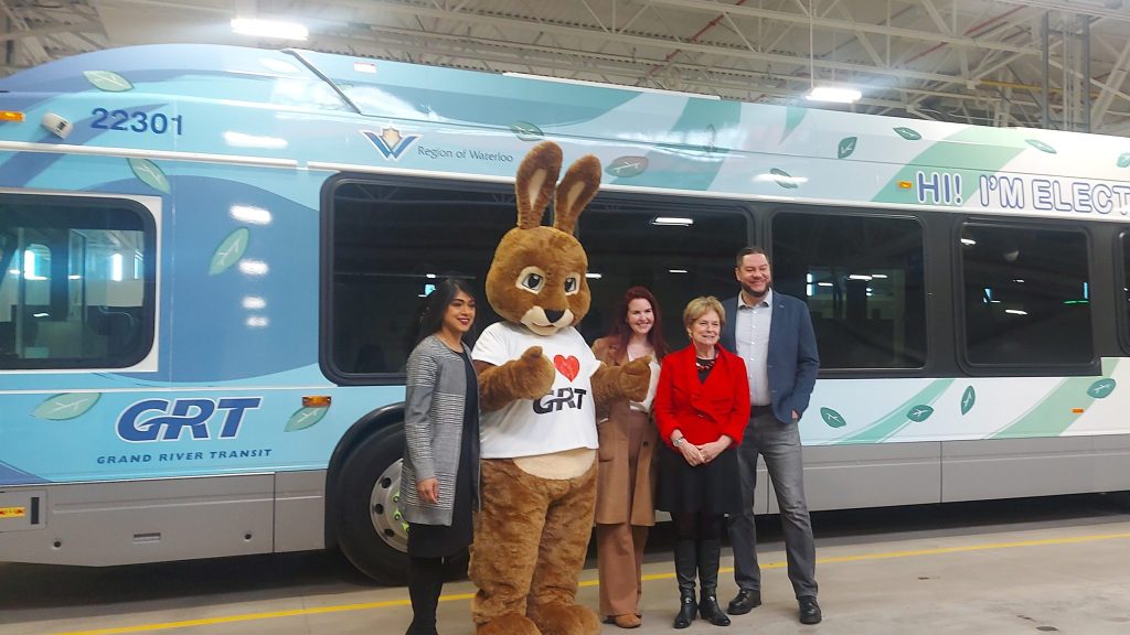 MP Bardish Chagger, GRT mascot Ryder the bunny, MPP Jess Dixon, Regional Chair Karen Redman and Doug Spooner the director of transit services for GRT during the launch of region's first electric bus. Jan. 26, 2024. //Justine Fraser, CityNews Kitchener.