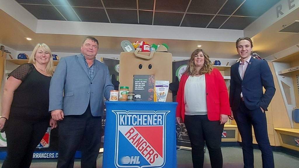 Stephanie Ashton-Smith, Director of Development and Partnerships Feed Ontario, John de Bruyn, board chair for Ontario Pork next to Kim Wilhelm, CEO the Food Bank of Waterloo Region and Sawyer Hume, ticketing and sponsorship coordinator for Kitchener Rangers. // Justine Fraser, CityNews