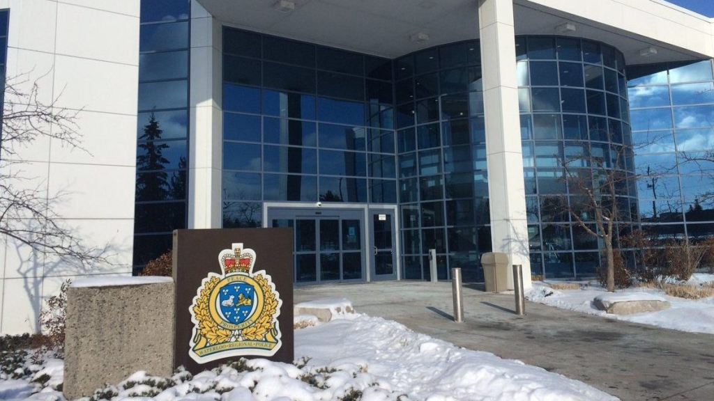 The exterior of Waterloo Regional Police Service headquarters with snow on the ground