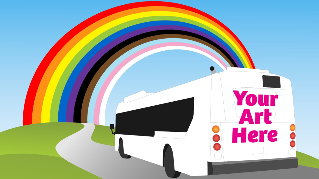 A blank bus with the words "Your Art Here" on the back, and a rainbow is in the background.