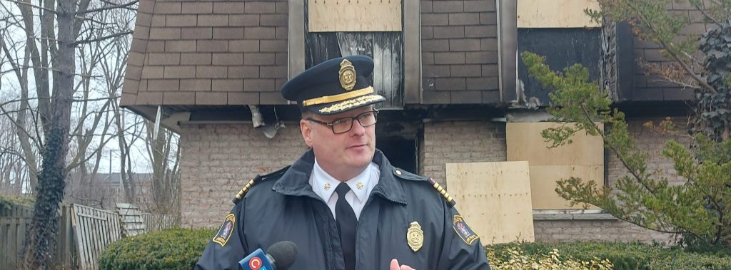 Fire Chief Brian Arnold talks to the local press about recent fires in the city, March 14, 2024. (Justine Fraser, CityNews Kitchener)