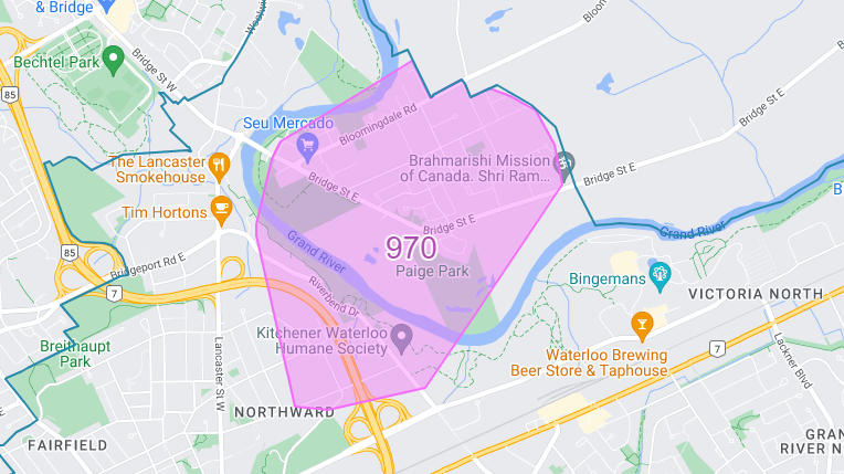 A power outage map showing 970 customers in Kitchener are impacted by an outage.