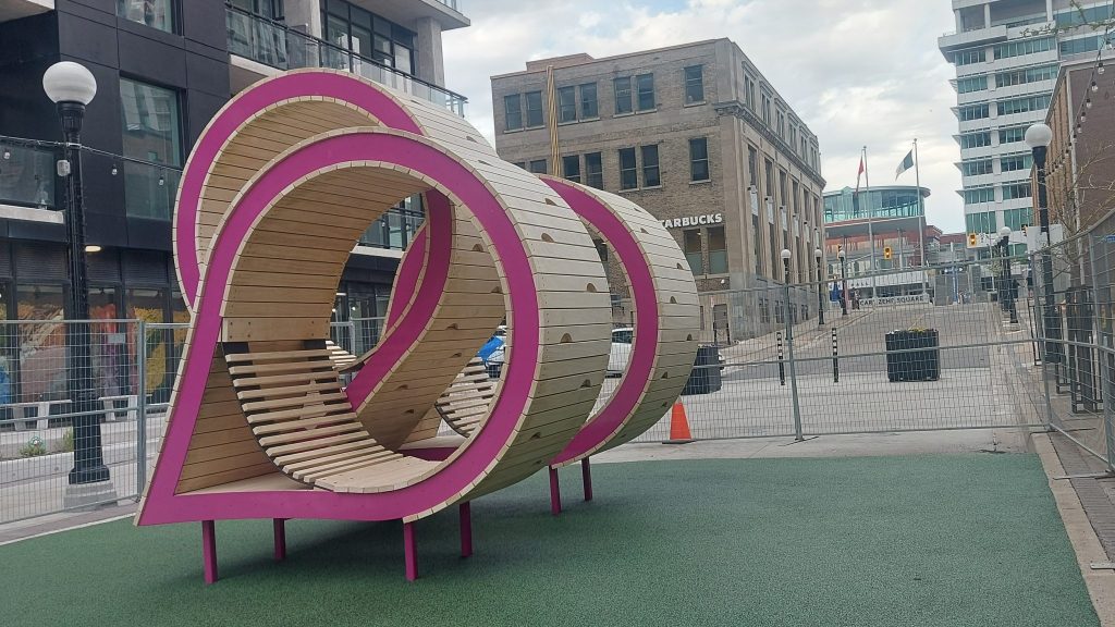 The Deconstructed Hearts structure downtown Kitchener will open in about a month. (Justine Fraser.)