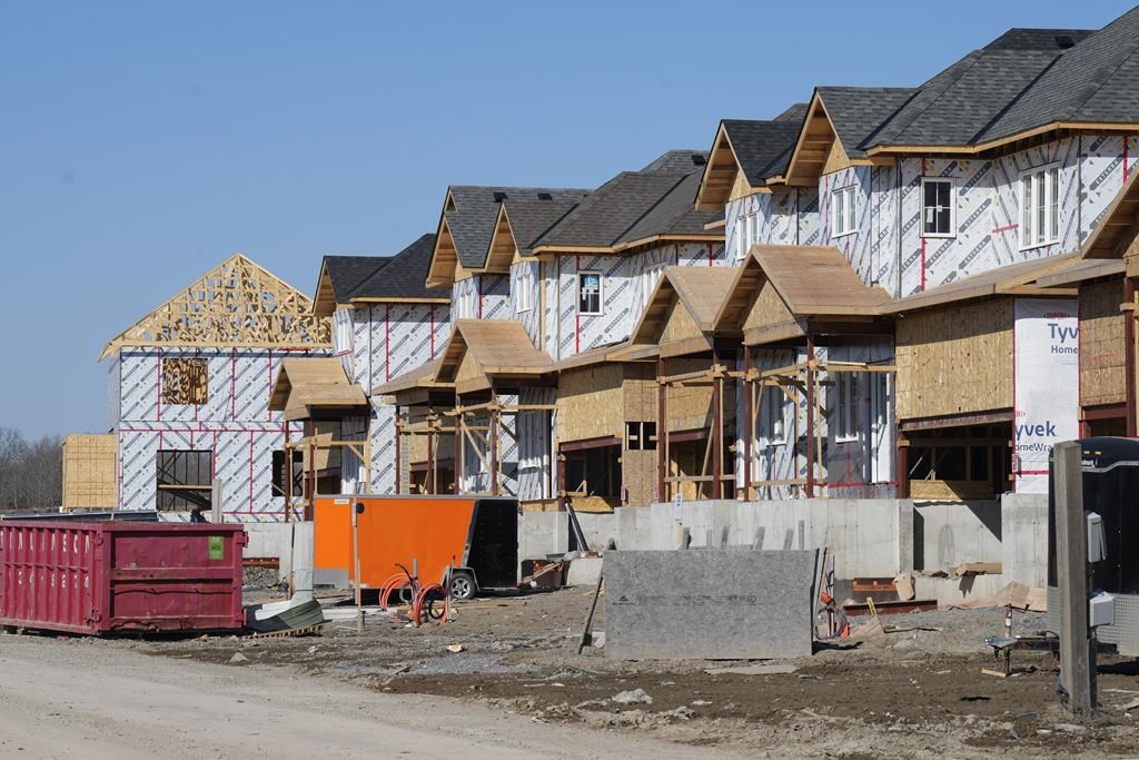 Canada Mortgage and Housing Corp. says the annual pace of housing starts in April edged down one per cent compared with March. A new housing development is shown in Belleville, Ont., on Friday, March 1, 2024. THE CANADIAN PRESS/Chris Young