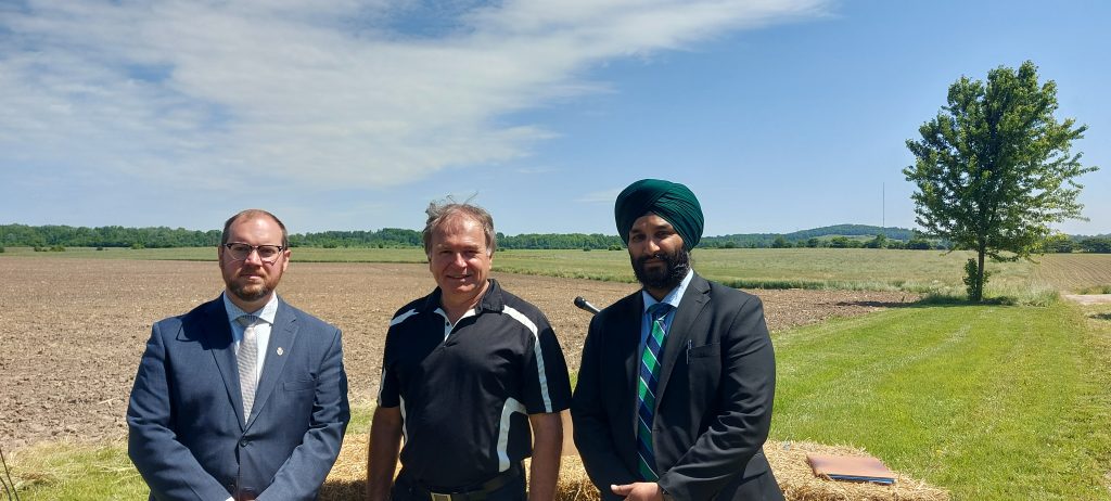 Wilmot Township's Ward 2 Councillor Kris Wilkinson, Fight for Farmland member Alfred Lowrick, and Ward 3 Councillor Harvir Sidhu and holding a media conference Wednesday morning in Wilmot Township.