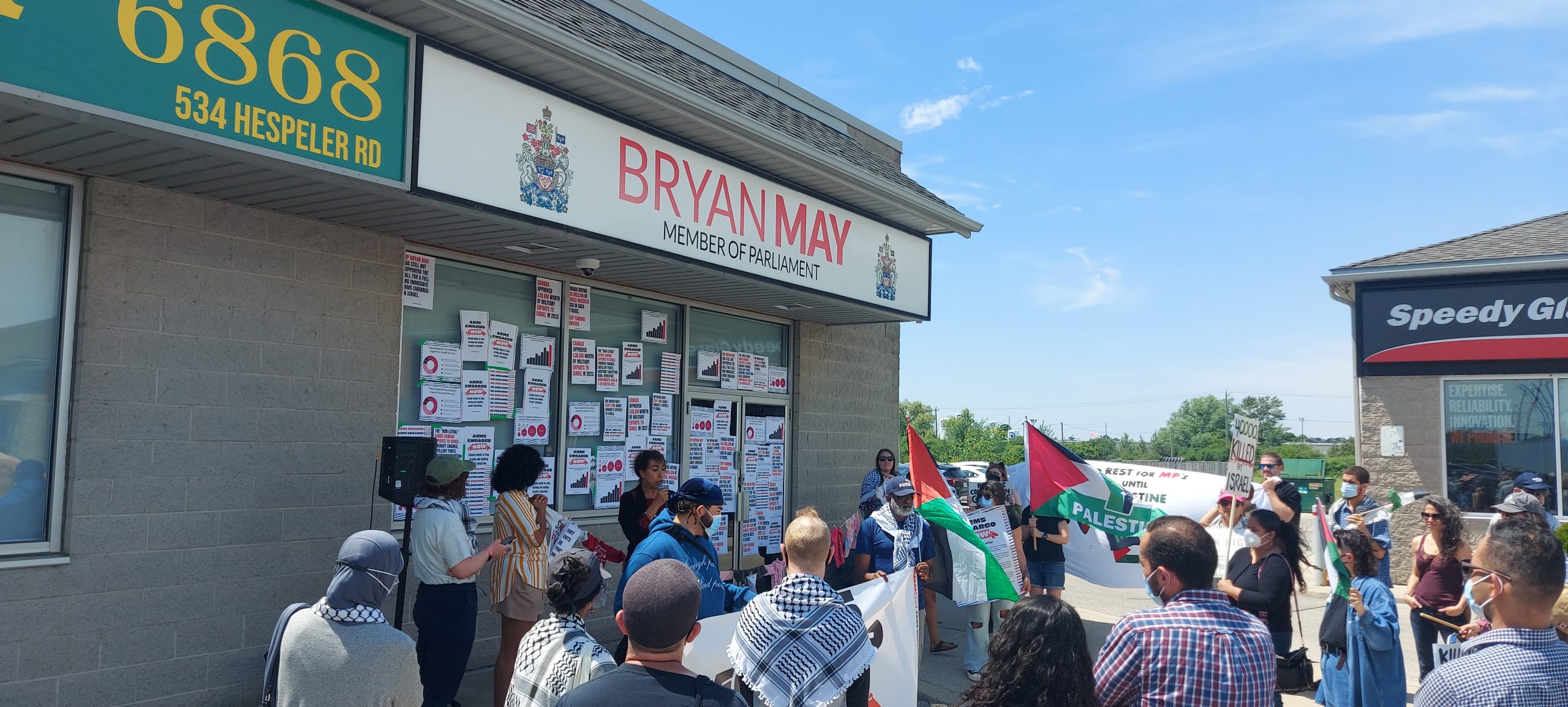 Gathering outside MP Bryan May's office calls for Israel arms embargo