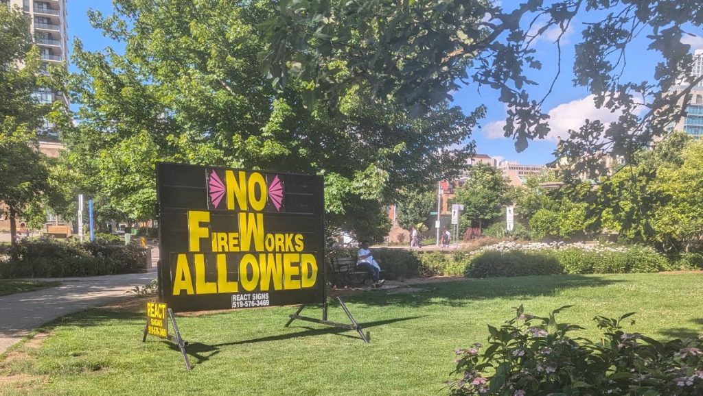 A sign posted in Victoria Park this week aims to deter people from using fireworks in the park after the incident on Victoria Day in Kitchener. (Courtesy of a CityNews 570 listener, Kylie Deanne.)