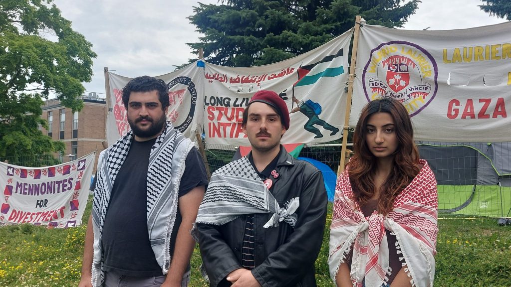 Student organizers at the pro-Palestinian encampment held a press conference June 28 inside the encampment at the University of Waterloo. (Justine Fraser, CityNews.)