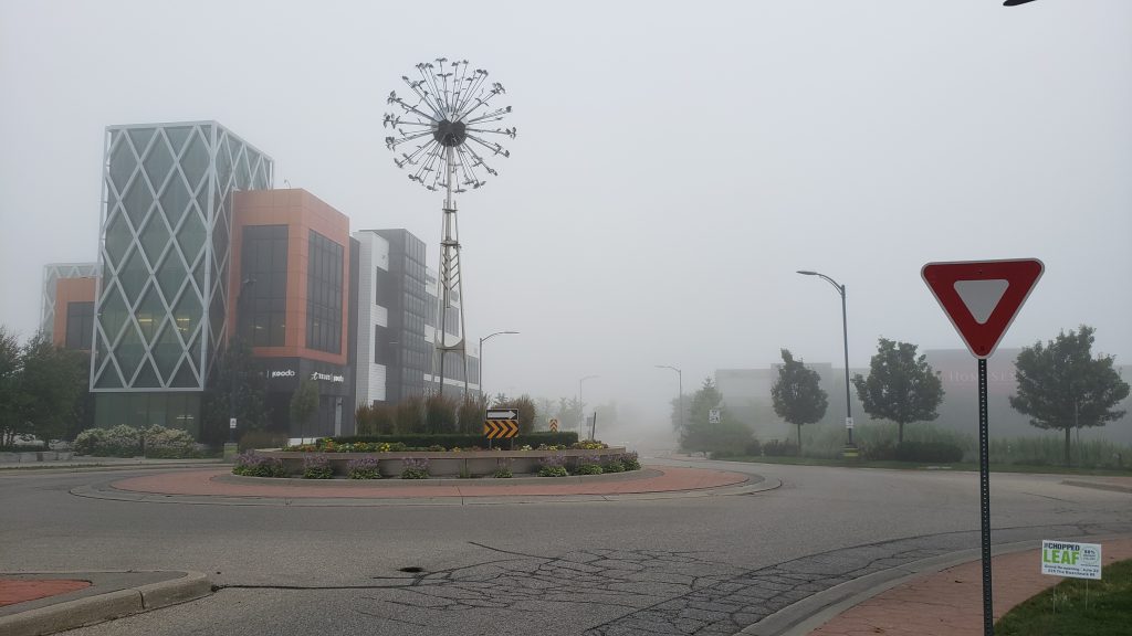 Heavy fog lingers over the Boardwalk in Kitchener.