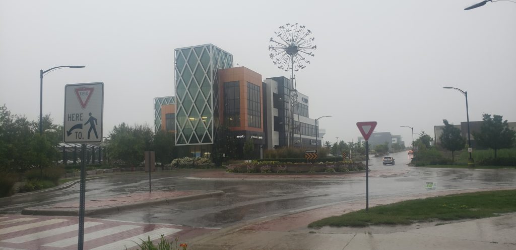 The Boardwalk in Kitchener drenched in rain, early into Tuesday's heavy rainfall.