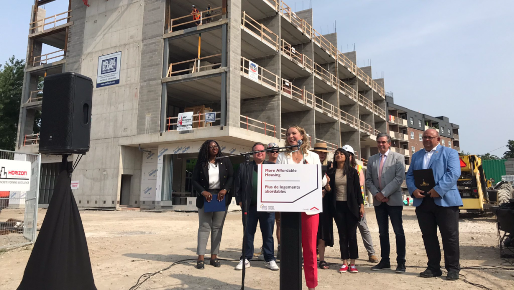 Jenna Sudds, Minister of Families, Children and Social Development, makinf the funding announcement in Kitchener on Aug. 1, 2024. (Mark Douglas/CityNews)