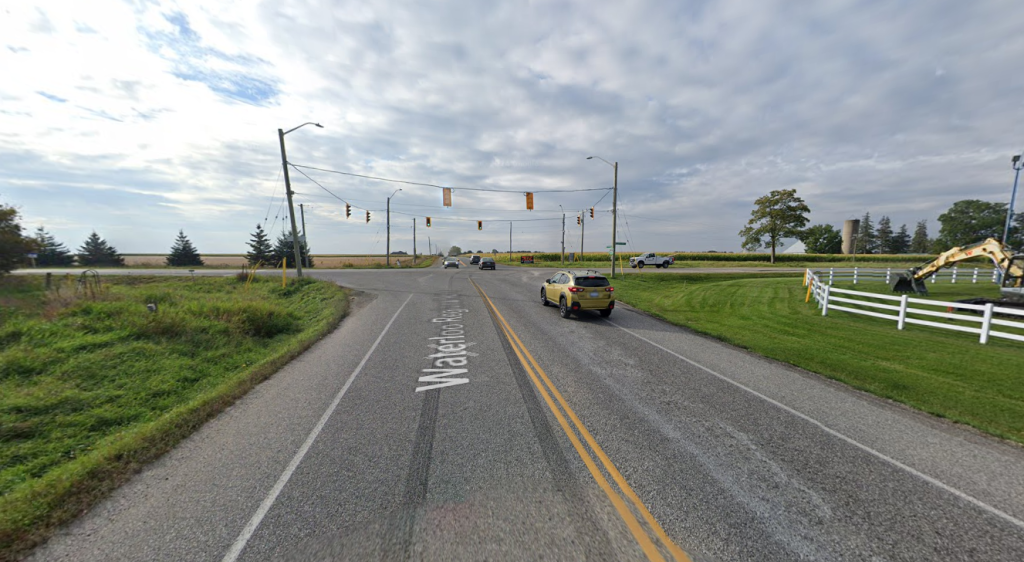 The intersection of Cedar Creek Road / Oxford Road 8 and Trussler Road, prior to construction.