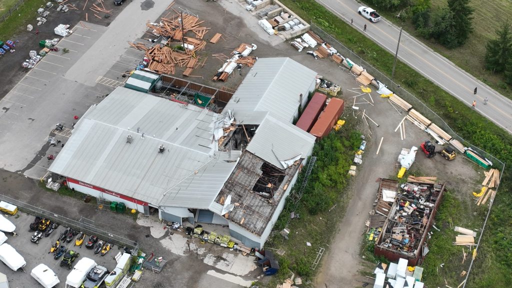 An aerial photo of the Home Hardware store in Ayr, surveying damage after it was struck by an EF-1 tornado.