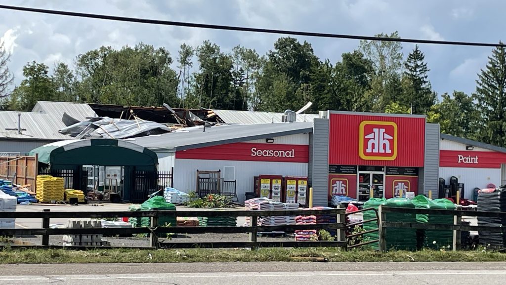 The Home Hardware location in Ayr, hit with an EF1 Tornado over the weekend.