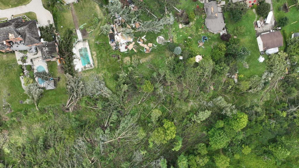 Drone photo showing trees down from various directions along the path of the tornado. (Northern Tornadoes Project)