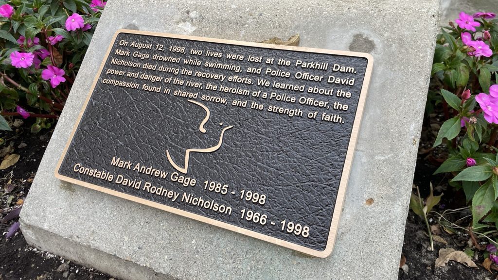 The newly installed bronze plaque at the Parkhill Dam Memorial site in Cambridge.