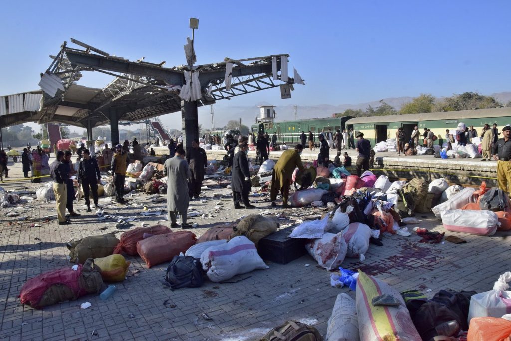 A powerful suicide bombing at a rail station in southwestern Pakistan kills at least 26