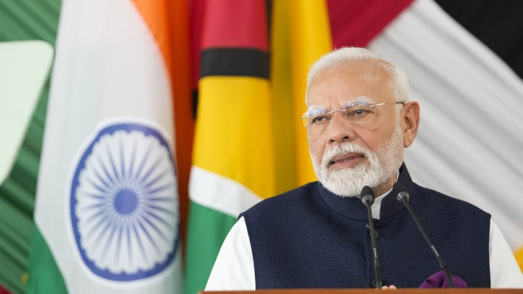 India's Prime Minister Narendra Modi speaks during a meeting with Guyana's President Mohammed Irfaan Ali at Government House in Georgetown, Guyana, Wednesday, Nov. 20, 2024. A senior official says the Canadian government is not aware of any evidence linking Indian Prime Minister Narendra Modi to alleged criminal activity perpetrated by Indian agents on Canadian soil. THE CANADIAN PRESS/AP, Matias Delacroix