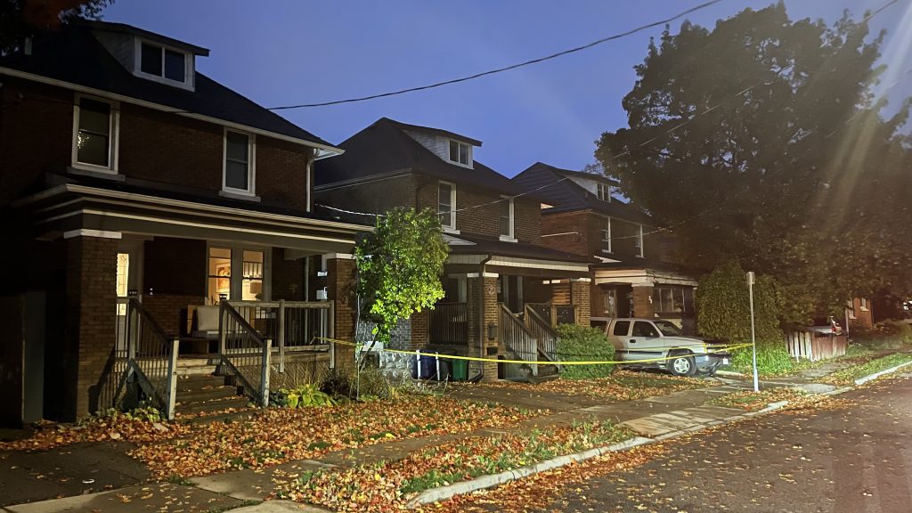 Police tape remains around a house on Major Street in Kitchener. (Josh Goeree / 570 NewsRadio)