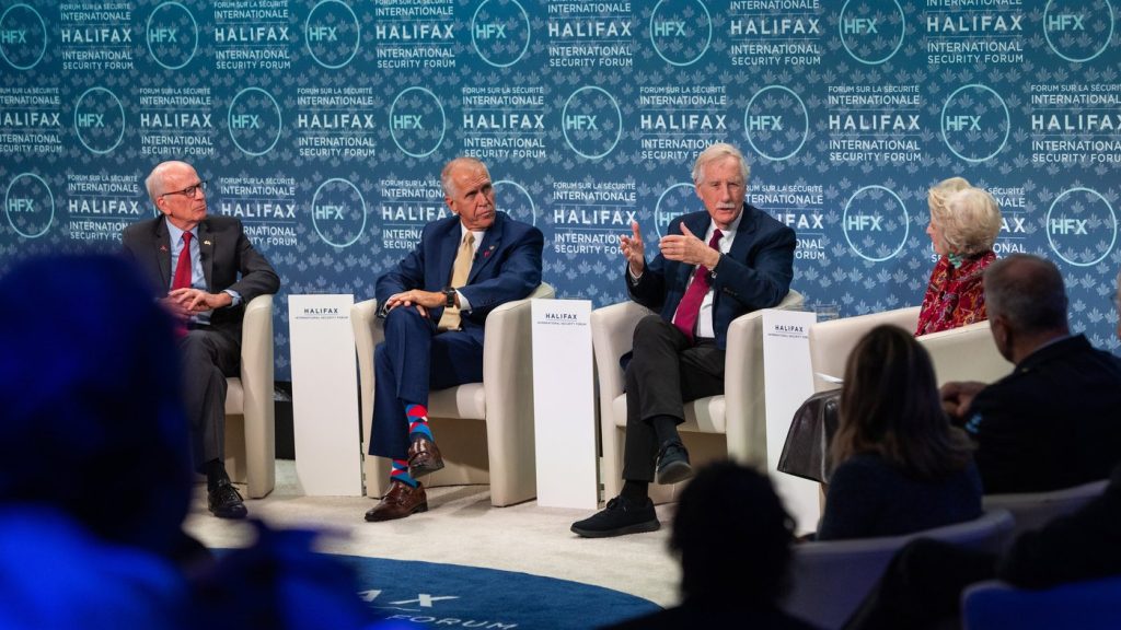Senator Peter Welch, of Vermont, left to right, Senator Thom Tillis, of North Carolina, Senator Angus King, of Maine and moderator Congresswoman Jane Harman take part in the Halifax International Security Forum, Saturday, November 22, 2025. THE CANADIAN PRESS/Kelly Clark