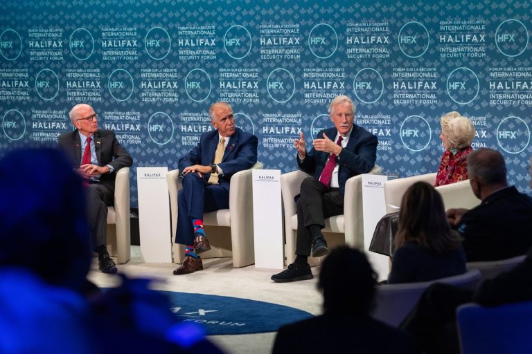 Senator Peter Welch, of Vermont, left to right, Senator Thom Tillis, of North Carolina, Senator Angus King, of Maine and moderator Congresswoman Jane Harman take part in the Halifax International Security Forum, Saturday, November 22, 2025. THE CANADIAN PRESS/Kelly Clark 