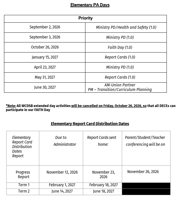 pa days calendar wcdsb