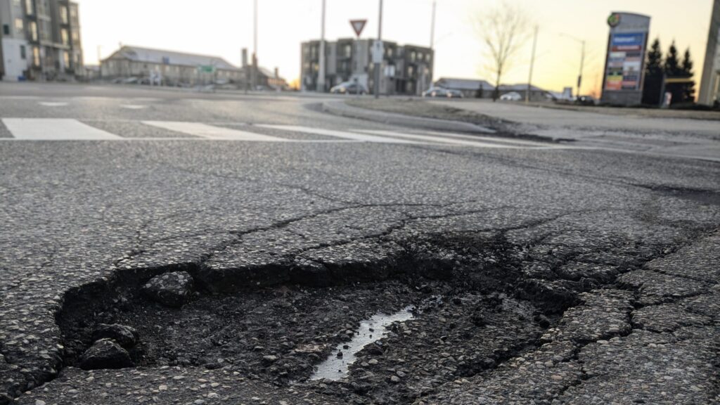 A pothole overlooking Ira Needles Boulevard in Kitchener. (Josh Piercey/570 NewsRadio)