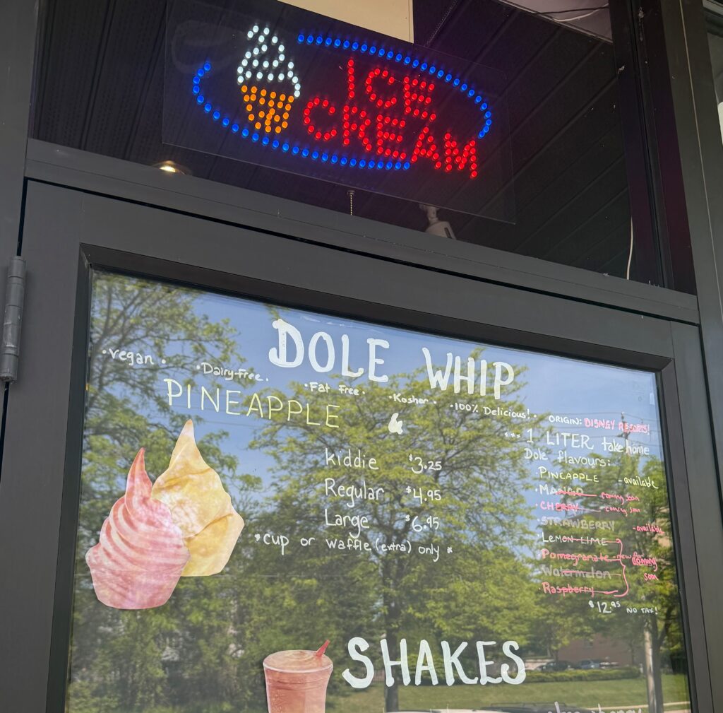 Part of the menu for Ice Cream 2 which shows varieties of Dole Whips